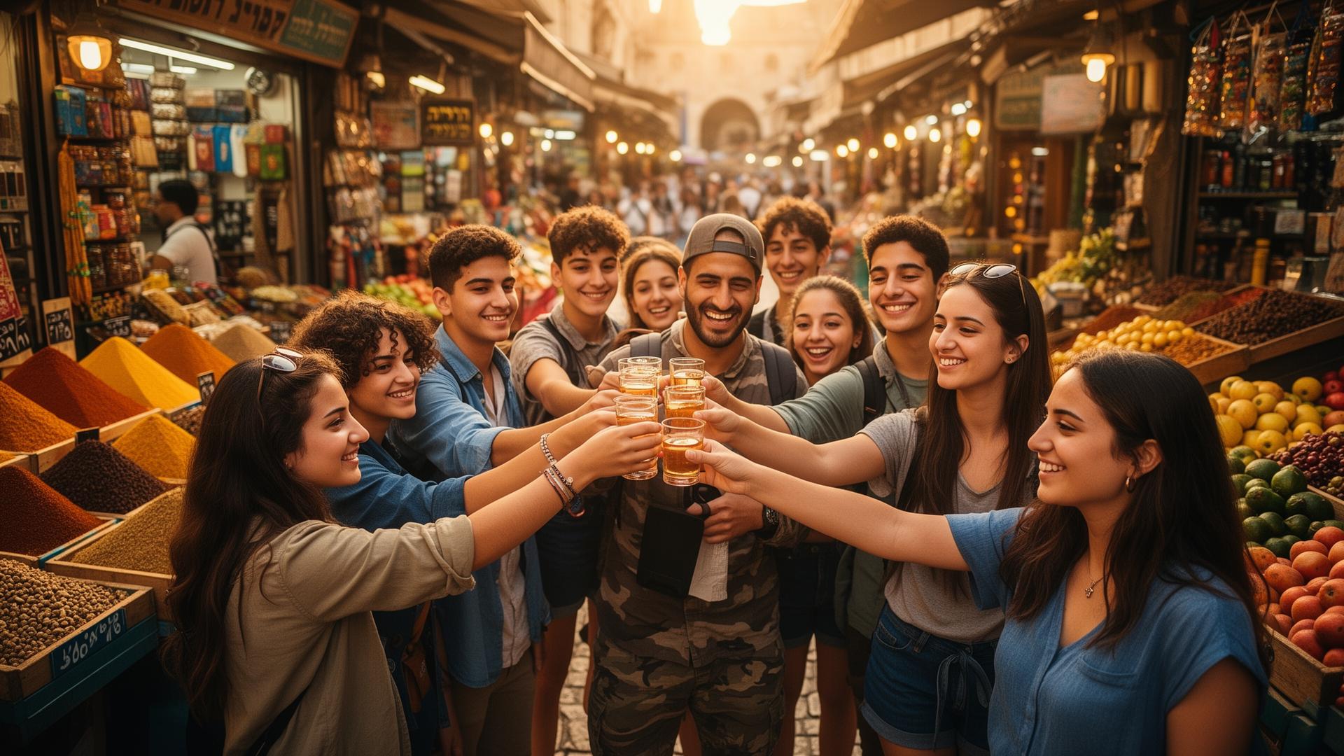 Tour group raising shot glasses with a vendor in an Israeli market